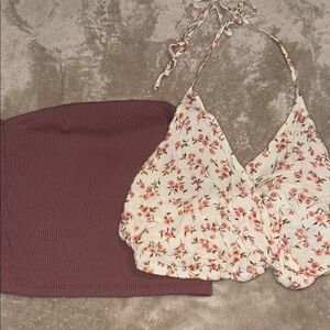 Floral Halter Crop Top & Ribbed Bandeau Set - Cream Floral + Mauve
